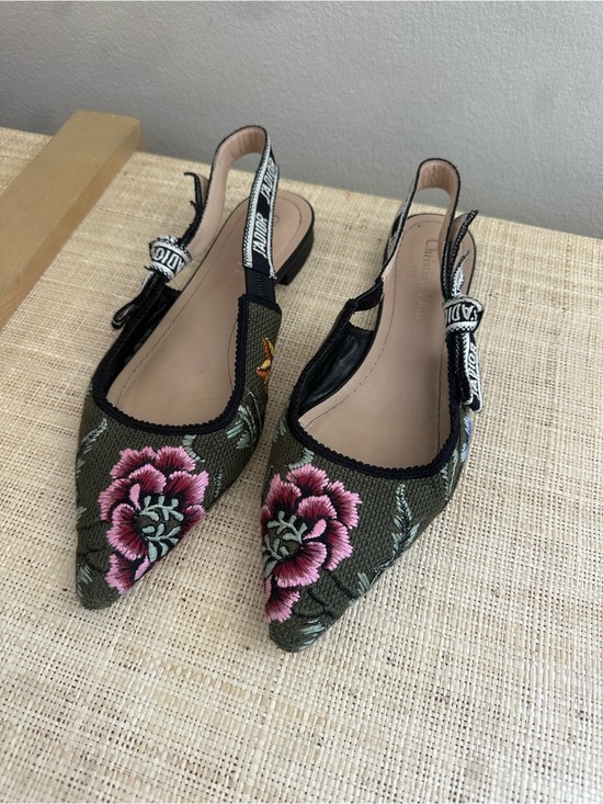 Dior Shoes - Dior Olive Embroidered Floral Slingback Flats with Pink Blooms